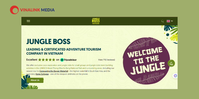 Giao diện website thể hiện phong cách của công ty du lịch Jungle Boss